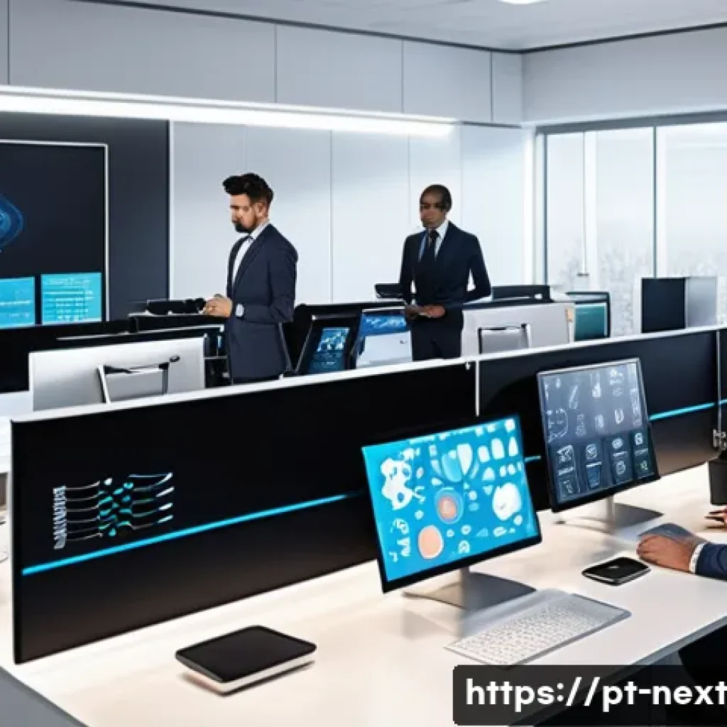 인공지능의 사회적 영향과 미래 - A modern Brazilian office environment showcasing diverse professionals collaborating with advanced A...