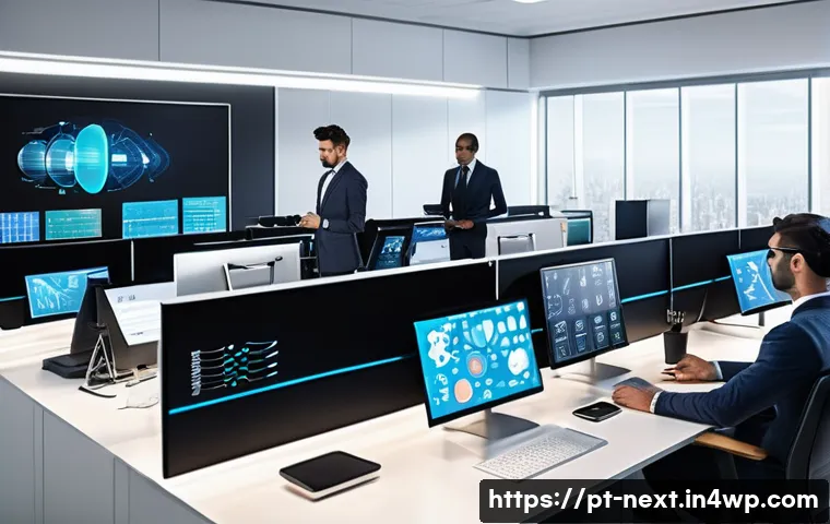 인공지능의 사회적 영향과 미래 - A modern Brazilian office environment showcasing diverse professionals collaborating with advanced A...