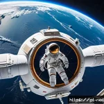Home 20 우주 산업의 미래와 투자 기회 - A futuristic private space station orbiting Earth, featuring modular habitats with large panoramic w...