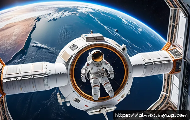 우주 산업의 미래와 투자 기회 - A futuristic private space station orbiting Earth, featuring modular habitats with large panoramic w...