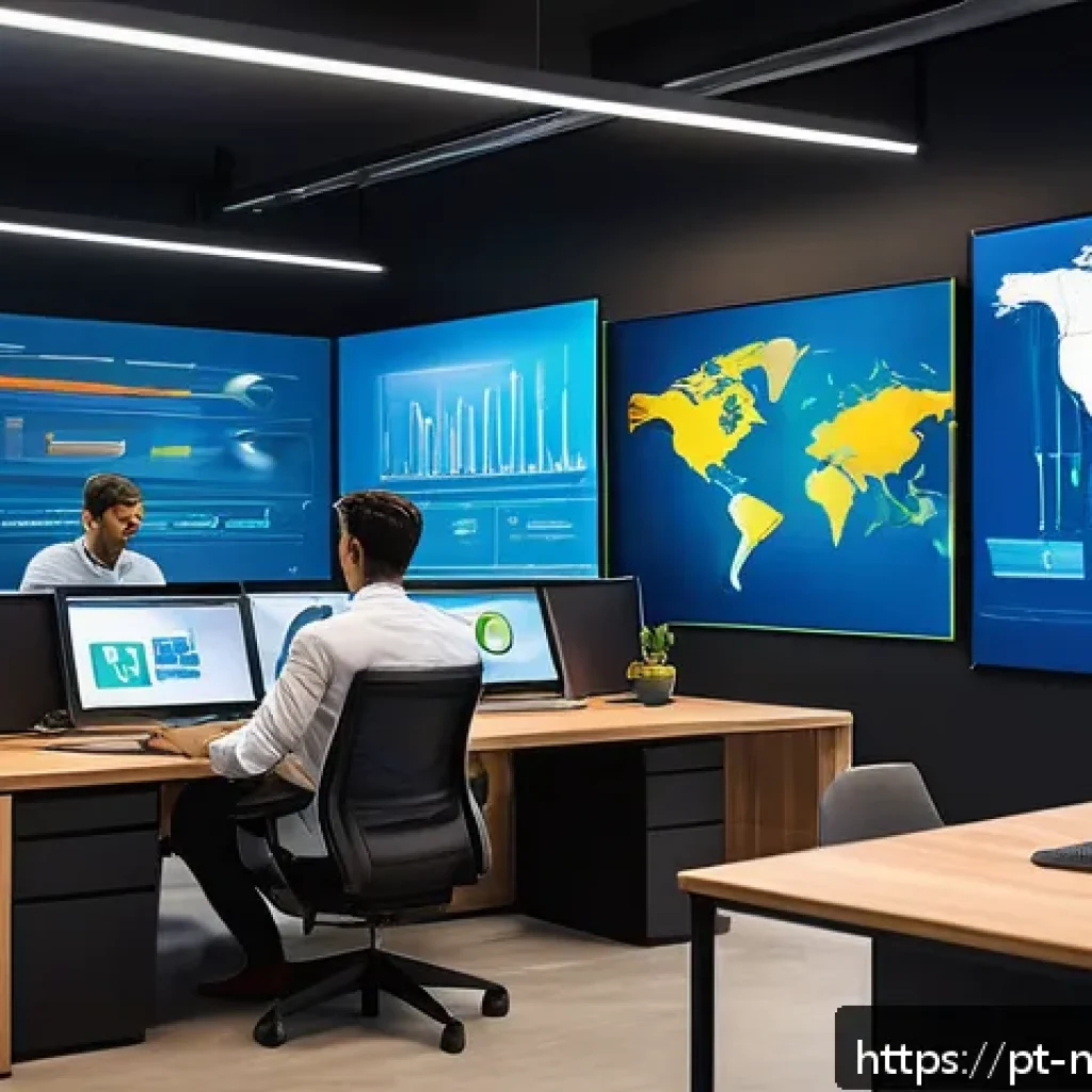 인공지능이 바꾸는 직장 환경의 미래 - A modern Brazilian corporate office scene showing diverse professionals collaborating with AI-powere...