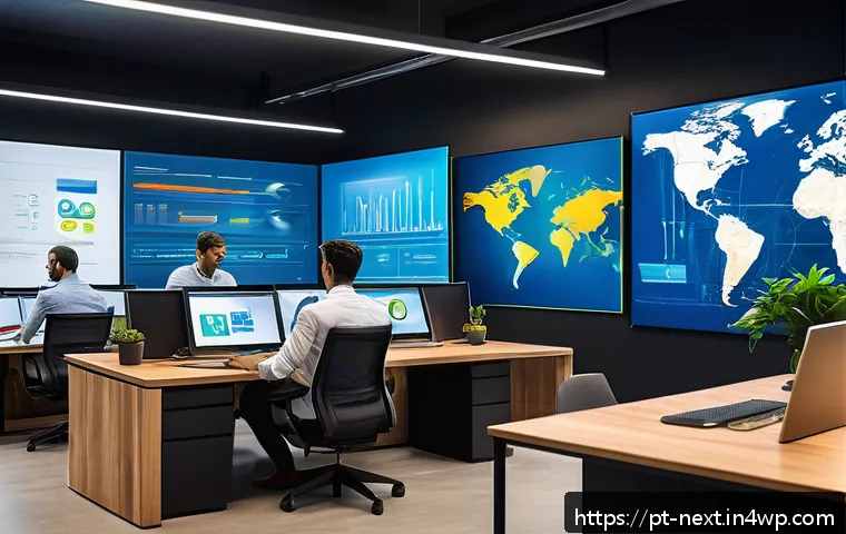 인공지능이 바꾸는 직장 환경의 미래 - A modern Brazilian corporate office scene showing diverse professionals collaborating with AI-powere...