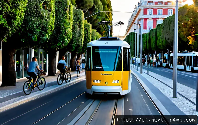 스마트 시티의 미래와 기술 적용 - Photorealistic aerial view of a futuristic smart city in Lisbon at golden hour, clean electric trams...