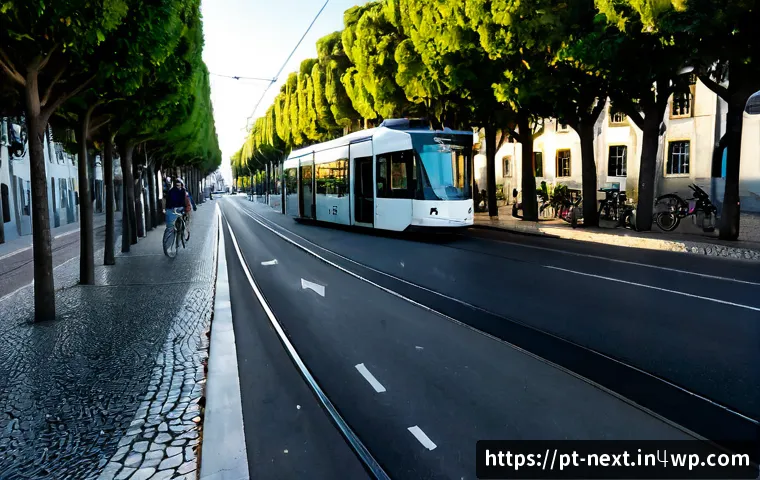 Home 30 친환경 교통 수단의 진화 방향 - Photorealistic wide-angle scene in Lisbon, Portugal, showing the evolution of sustainable urban tran...