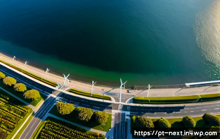 Home 17 미래의 인프라 기술 발전 예측 - Photorealistic aerial view of a future coastal city in Portugal at sunrise, autonomous electric tram...